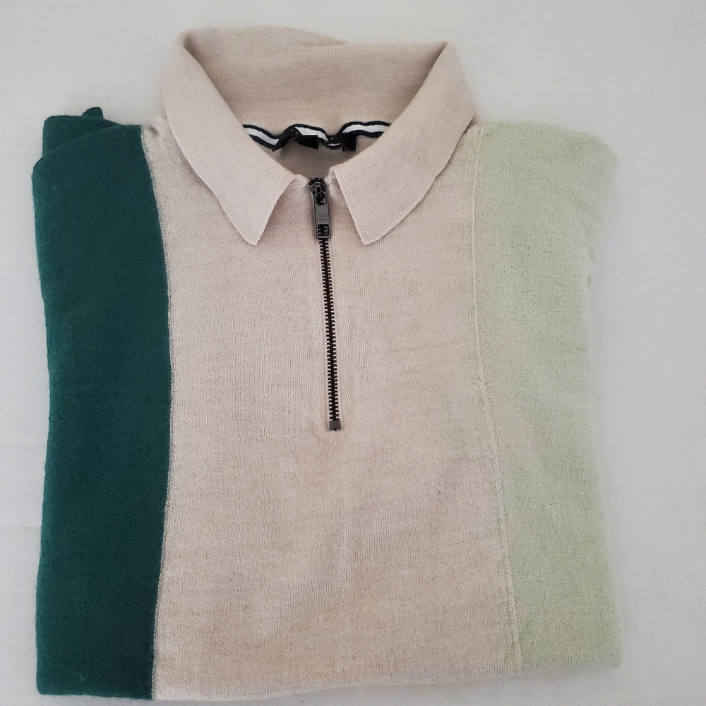 TED BAKER London Men's Vertical Striped 100% Wool Polo‎ Zip Shirt Size 3
